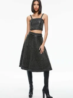 Alice and Olivia Sosie Studded Leather Midi Skirt-Women Skirts