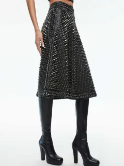 Alice and Olivia Sosie Studded Leather Midi Skirt-Women Skirts