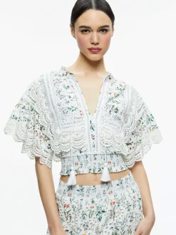 Alice and Olivia Tabitha Lace Button Front Cropped Blouse-Women Tops