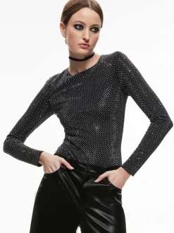 Alice and Olivia Taeyn Embellished Crew Neck Bodysuit-Women Tops