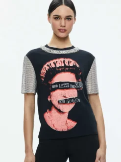 Alice and Olivia Tari Embellished Crystal Sleeve Tee-Women Tops