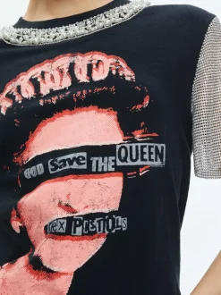 Alice and Olivia Tari Embellished Crystal Sleeve Tee-Women Tops