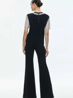 Alice and Olivia Tari Embellished Crystal Sleeve Tee-Women Tops