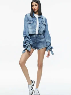 Alice and Olivia Tiff Denim Jacket With Bow Sleeve-Women Jackets + Coats