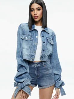 Alice and Olivia Tiff Denim Jacket With Bow Sleeve-Women Jackets + Coats