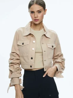 Alice and Olivia Tiff Denim Jacket With Bow Sleeve-Women Jackets + Coats