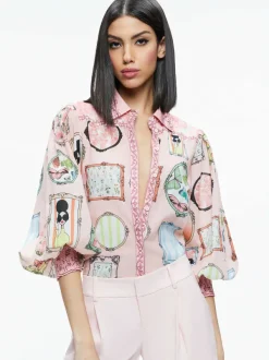 Alice and Olivia Tiffie Staceface Drama Sleeve Blouse-Women Tops