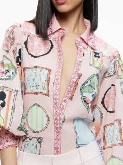 Alice and Olivia Tiffie Staceface Drama Sleeve Blouse-Women Tops