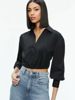 Alice and Olivia Trudy Cropped Button Down-Women Tops