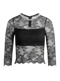 Alice and Olivia Vanita Embellished Neck Lace Crop Top-Women Tops