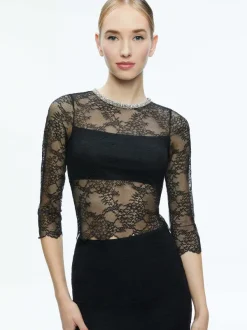 Alice and Olivia Vanita Embellished Neck Lace Crop Top-Women Tops