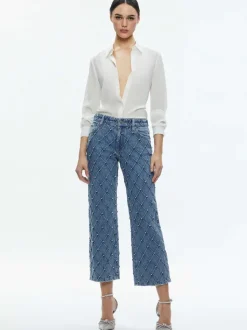 Alice and Olivia Weezy Quilted Embellished Cropped Mid Rise Jean-Women Pants