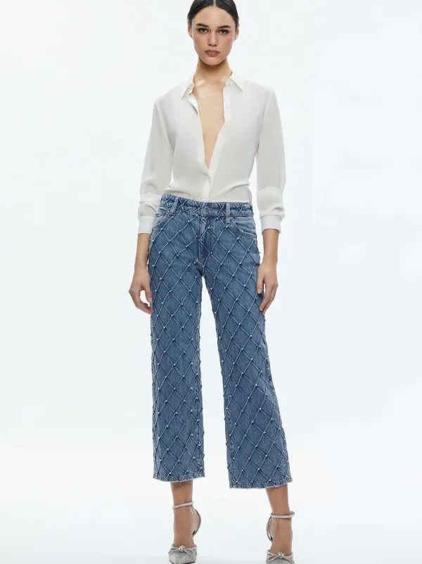 Alice and Olivia Weezy Quilted Embellished Cropped Mid Rise Jean-Women Pants