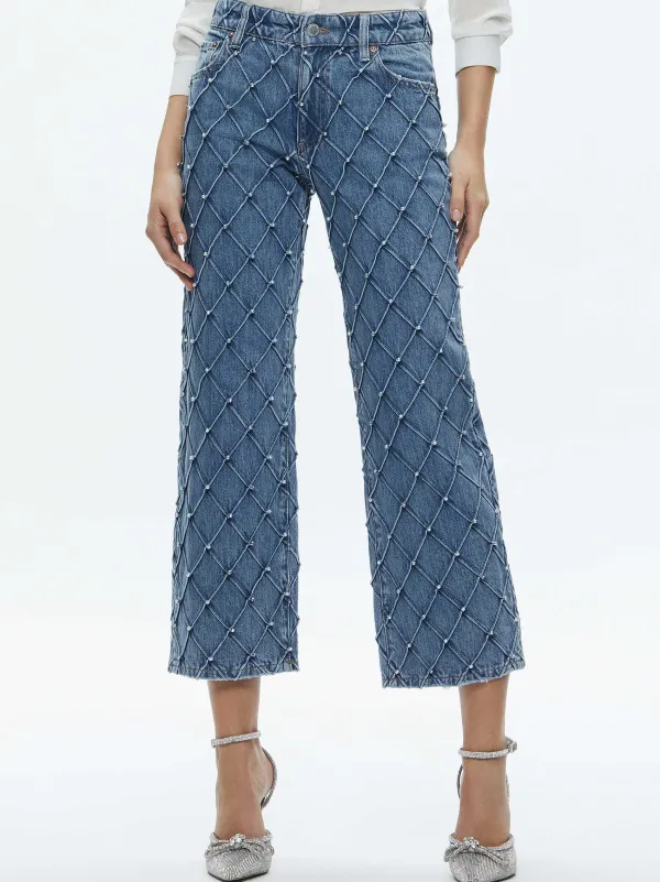 Alice and Olivia Weezy Quilted Embellished Cropped Mid Rise Jean-Women Pants