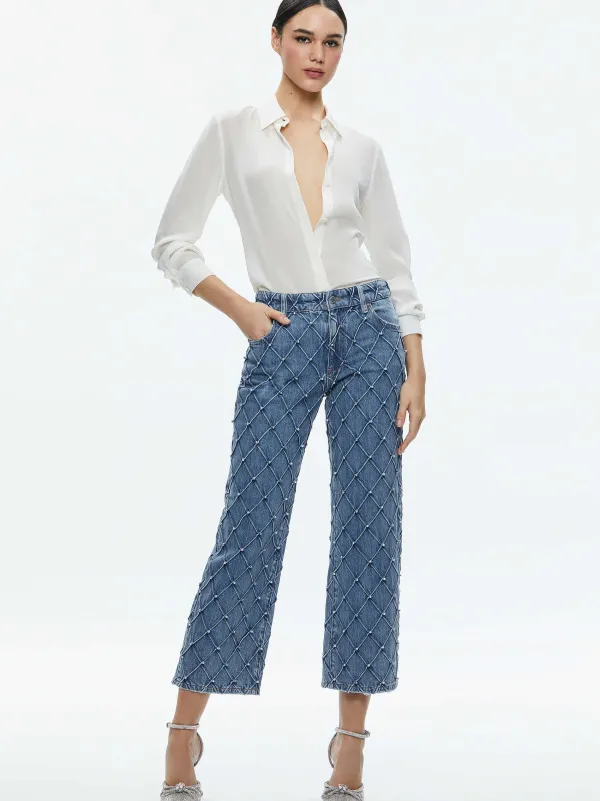 Alice and Olivia Weezy Quilted Embellished Cropped Mid Rise Jean-Women Pants