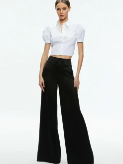 Alice and Olivia Willa Cropped Puff Sleeve Button Down-Women Tops