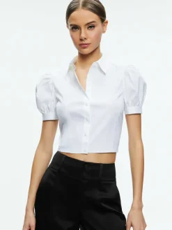 Alice and Olivia Willa Cropped Puff Sleeve Button Down-Women Tops