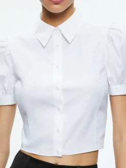 Alice and Olivia Willa Cropped Puff Sleeve Button Down-Women Tops