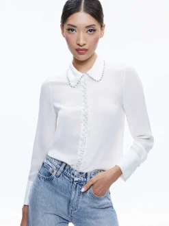 Alice and Olivia Willa Embellished Placket Top-Women Tops