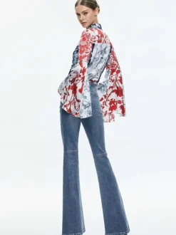 Alice and Olivia Willa Fitted Placket Bell Sleeve Top-Women Tops