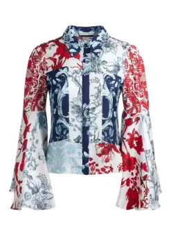 Alice and Olivia Willa Fitted Placket Bell Sleeve Top-Women Tops