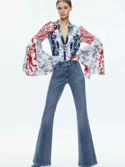 Alice and Olivia Willa Fitted Placket Bell Sleeve Top-Women Tops