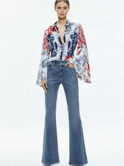 Alice and Olivia Willa Fitted Placket Bell Sleeve Top-Women Tops