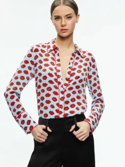 Alice and Olivia Willa Placket Top With Piping-Women Tops