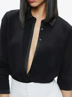 Alice and Olivia Willa Relaxed Placket Top With Piping Detail-Women Tops