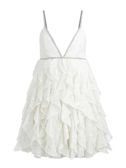 Alice and Olivia Wilmarie Embellished Lace Ruffle Mini Gown-Women Dresses