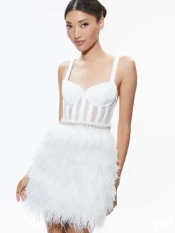 Alice and Olivia Xia Sheer Bustier Feathered Mini Dress-Women Dresses