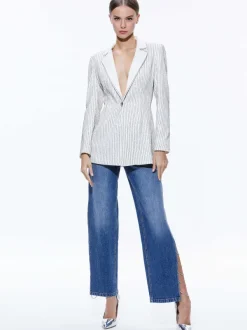 Alice and Olivia Yona Pinstripe Embellished Blazer-Women Jackets + Coats